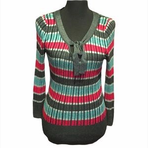 DKNY Striped Sweater with Tie in Front, Gray, Pink